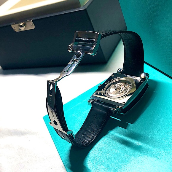 Tiffany & Co. Genuine Alligator & Stainless Steel Black Atlas Watch Gyromatic - Picture 7 of 16